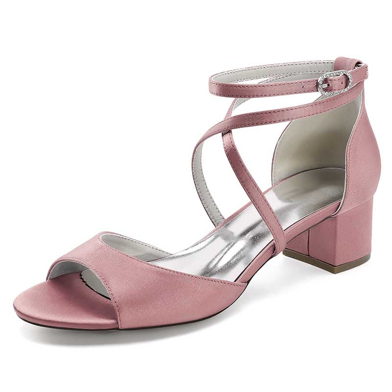 Pink criss cross satin block heel sandals with ankle strap for elegant style