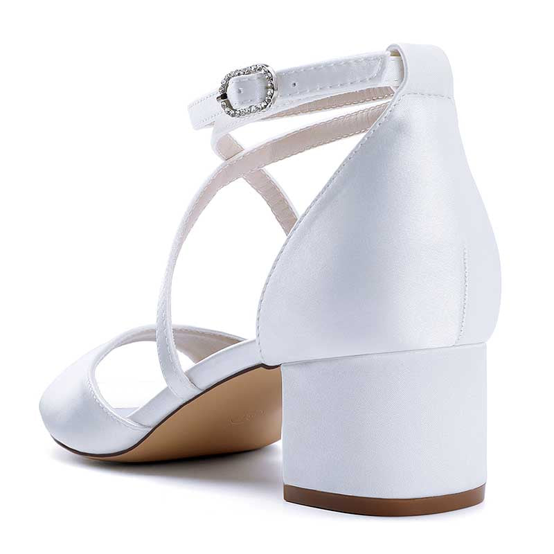 White criss cross satin block heel sandals with ankle strap for elegant occasions