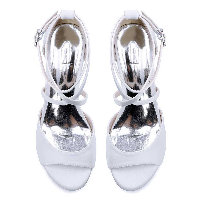 Elegant white criss cross satin block heel sandals with adjustable ankle straps for stylish comfort
