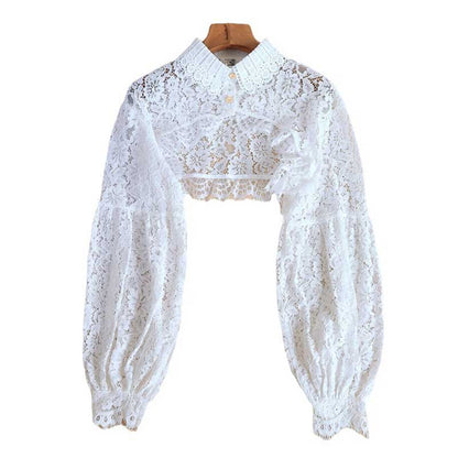 Elegant cropped lace half shirt with long sleeves in white for stylish summer outfits