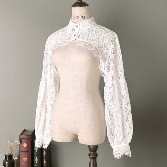 Stylish cropped lace half shirt with long sleeves, perfect for layering and a chic look.