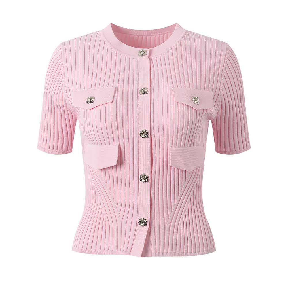 Women Short Sleeve Knit O-Neckline Cropped Top Knitted Slim Coat