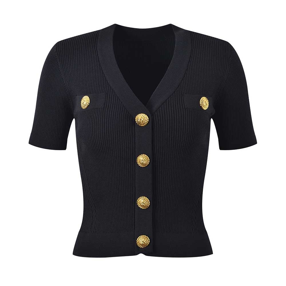 Women Knit Cardigan V-Neckline Cropped Knitted Slim Coat Short Sleeve