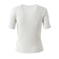 Women Knit Cardigan V-Neckline Cropped Top Short Sleeve Knitted Slim Coat