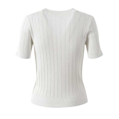 Women Knit Cardigan V-Neckline Cropped Top Short Sleeve Knitted Slim Coat