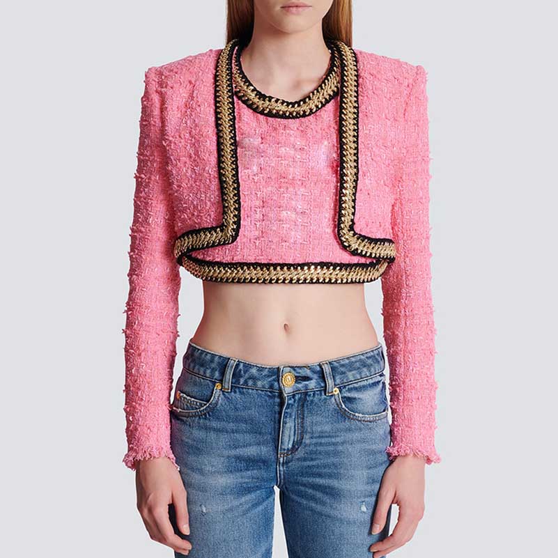 Women Chain-Trimmed Tweed Cropped Top Pink