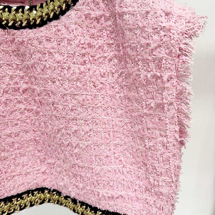 Women Chain-Trimmed Tweed Cropped Top Pink