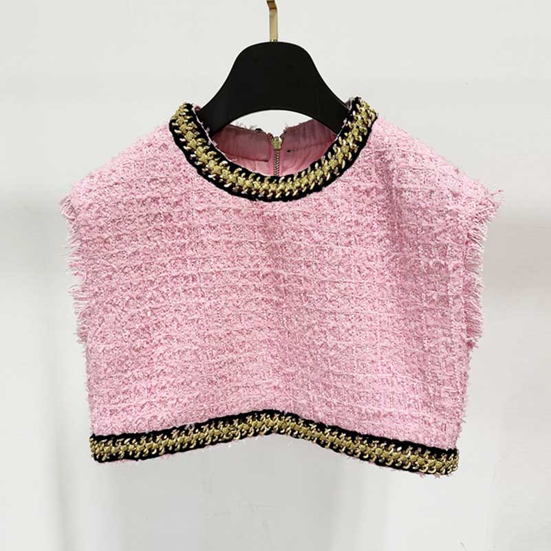 Women Chain-Trimmed Tweed Cropped Top Pink