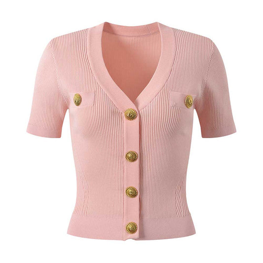 Women Knit Cardigan V-Neckline Cropped Knitted Slim Coat Short Sleeve