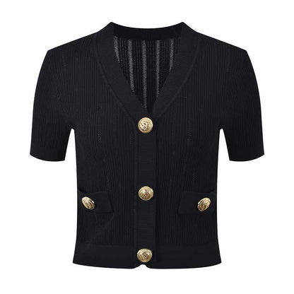 Women Knit Cardigan V-Neckline Cropped Top Short Sleeve Knitted Slim Coat
