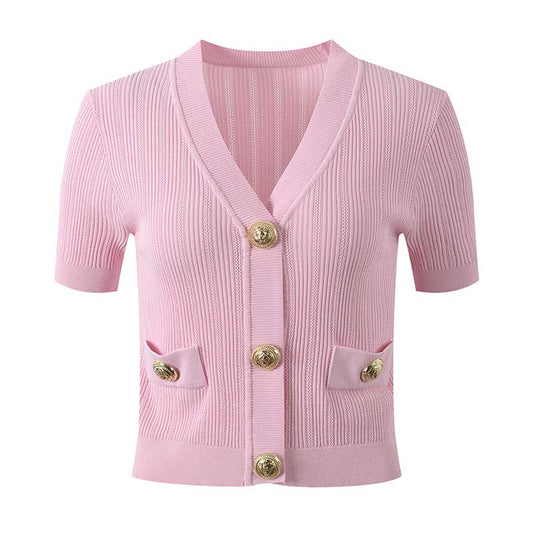 Women Knit Cardigan V-Neckline Cropped Top Short Sleeve Knitted Slim Coat