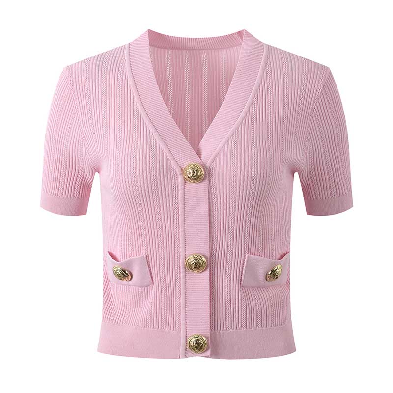 Women Knit Cardigan V-Neckline Cropped Top Short Sleeve Knitted Slim Coat