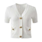 Women Knit Cardigan V-Neckline Cropped Top Short Sleeve Knitted Slim Coat