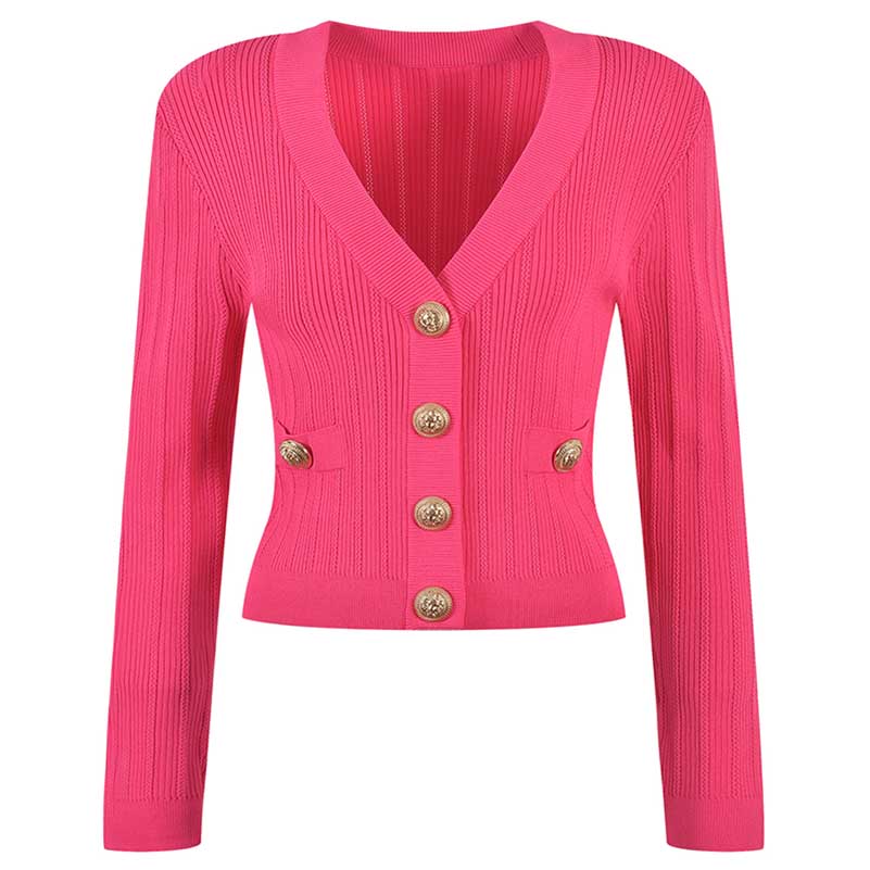 Women Knit Cardigan V-Neckline Cropped Top Long Sleeve Knitted Slim Coat