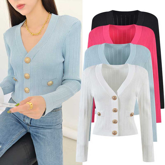 Women Knit Cardigan V-Neckline Cropped Top Long Sleeve Knitted Slim Coat