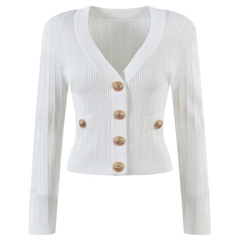 Women Knit Cardigan V-Neckline Cropped Top Long Sleeve Knitted Slim Coat