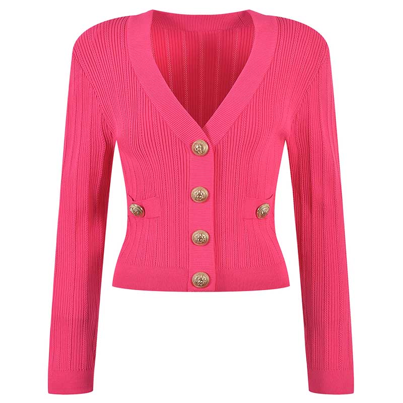 Women Knit Cardigan V-Neckline Cropped Top Long Sleeve Knitted Slim Coat