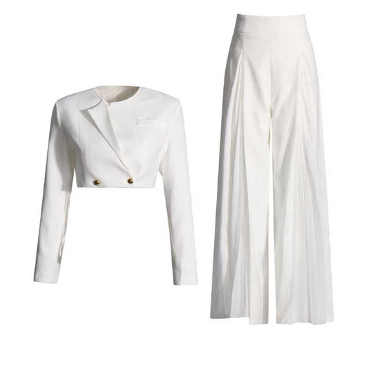 White Blazer Pantsuit Crop Top Coat + Wide Legs 2 Pieces Set