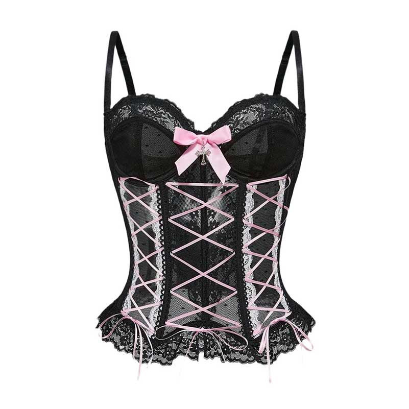 Elegant black cross lace tank top for women with pink accents and adjustable straps for a stylish look