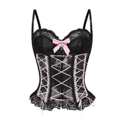 Elegant black cross lace tank top for women with pink accents and adjustable straps for a stylish look