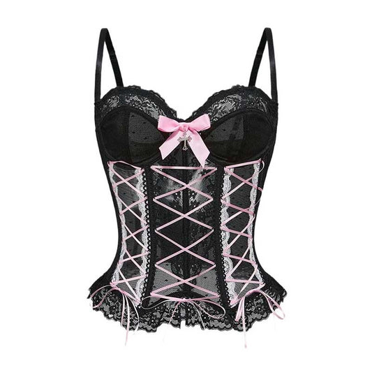 Elegant black cross lace tank top for women with pink accents and adjustable straps for a stylish look