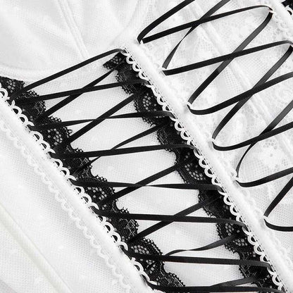 Elegant cross lace tank top for women featuring intricate black lace detailing and stylish ribbon accents