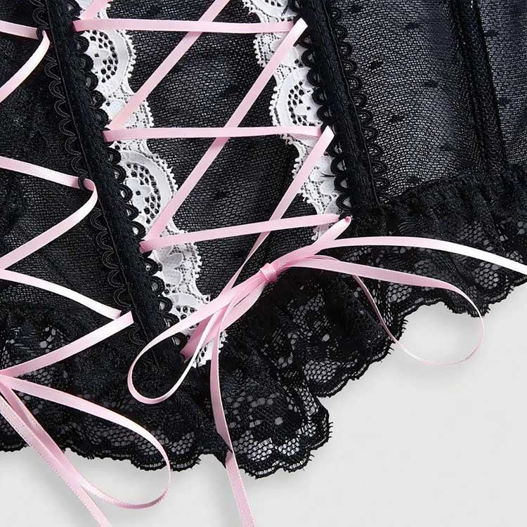 Black cross lace tank top for women featuring delicate pink ribbons and lace details