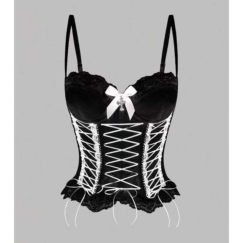 Elegant black cross lace tank top for women with lace trim and bow detailing for a chic party look