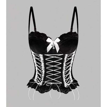 Elegant black cross lace tank top for women with lace trim and bow detailing for a chic party look