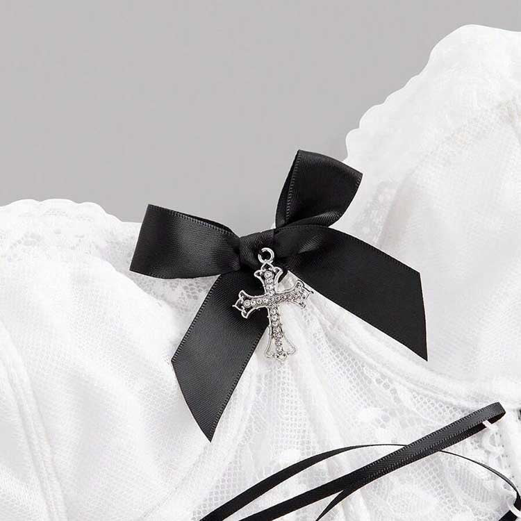 White SD Dresscode cross lace tank top for women featuring a black bow and cross embellishment