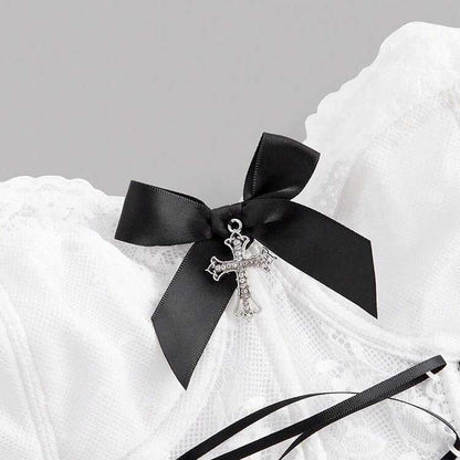 White SD Dresscode cross lace tank top for women featuring a black bow and cross embellishment