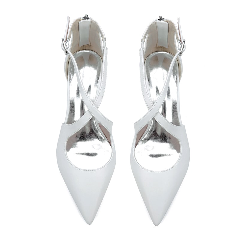 Elegant cross strap bridal shoes in white with a pointed toe design and shiny interior