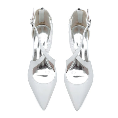 Elegant cross strap bridal shoes in white with a pointed toe design and shiny interior