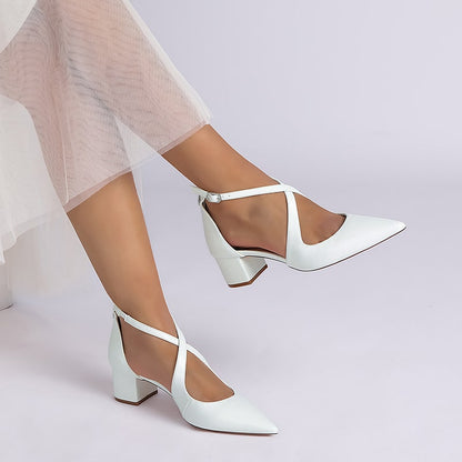 Elegant cross strap bridal shoes in white with a stylish heel, perfect for weddings and special occasions