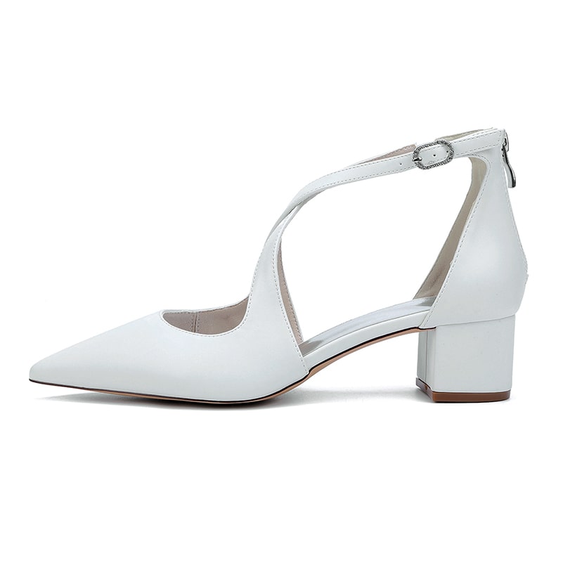 Elegant white cross strap bridal shoes with a pointed toe and block heel from sd-hk