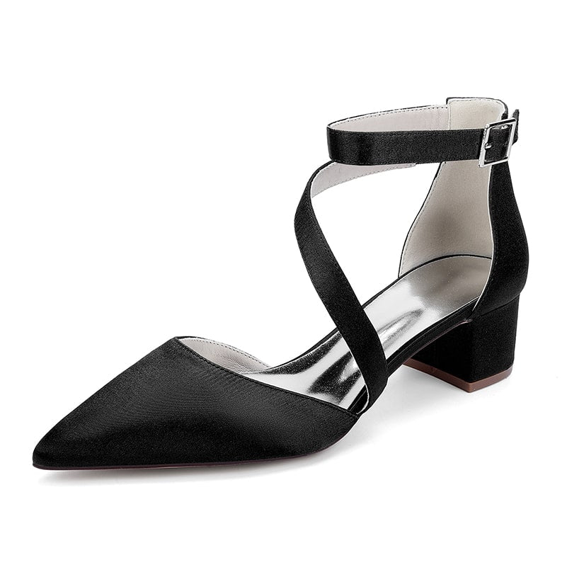 Elegant black cross strap wedding shoes with a pointed toe and block heel design