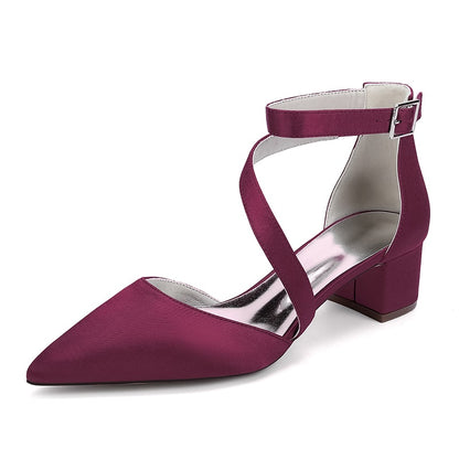 Elegant burgundy cross strap wedding shoes with a pointed toe and chunky heel for modern brides