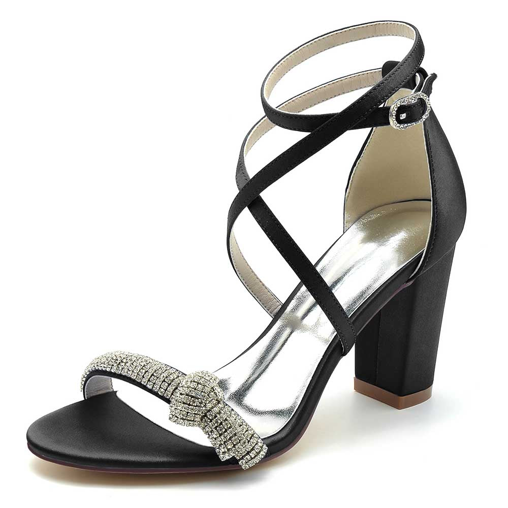 S&DCo. black cross strap wedding shoes for brides with embellished bow and block heel
