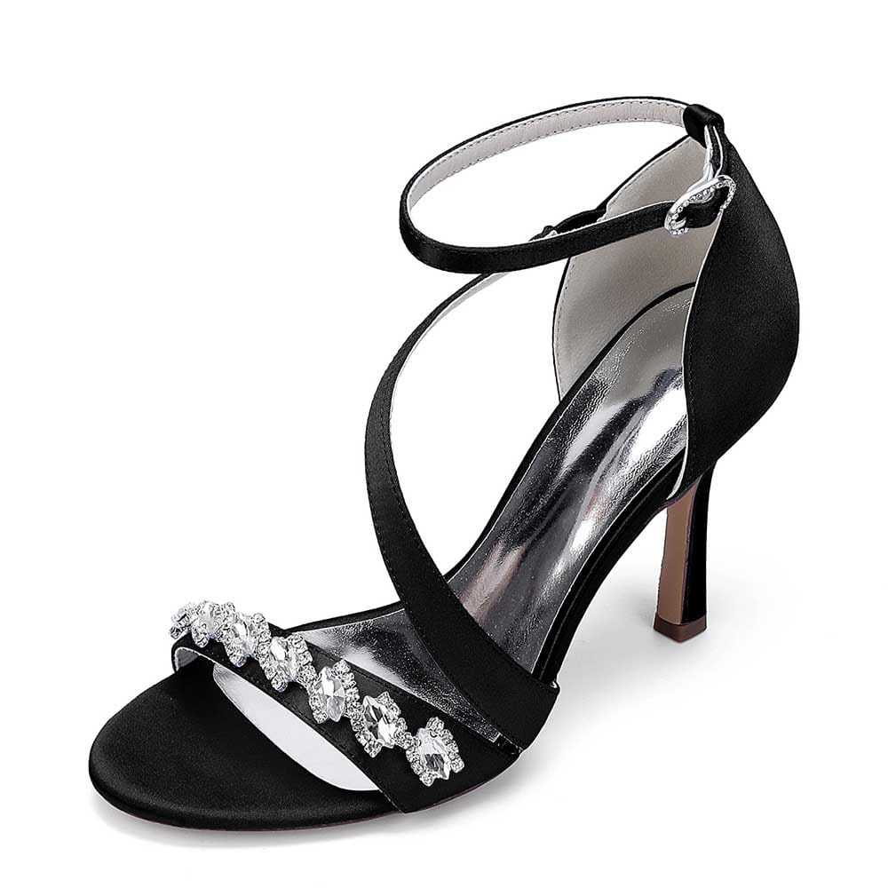 Elegant black cross-strap wedding shoes for brides with embellished detail and a stylish heel