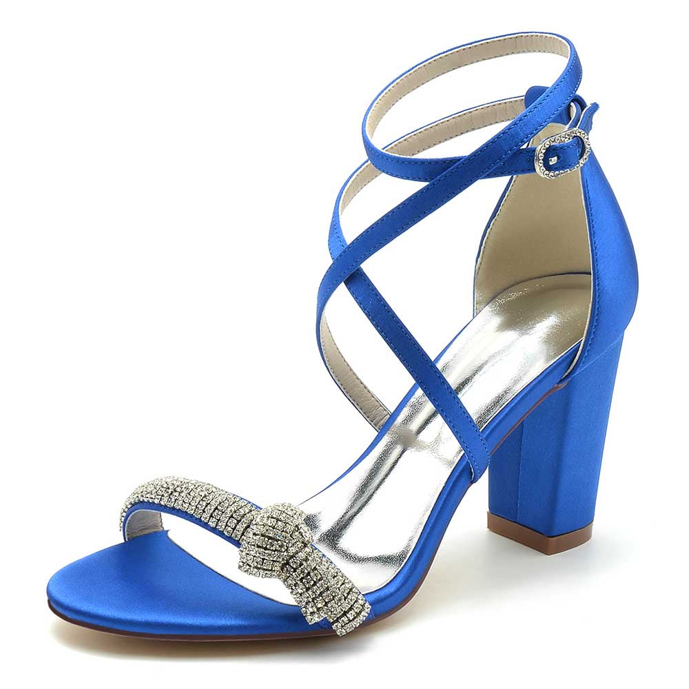 Elegant blue cross strap wedding shoes for brides with sparkling embellishments and block heels