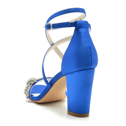 S&DCo. blue cross strap wedding shoes for brides with a block heel and embellished detail
