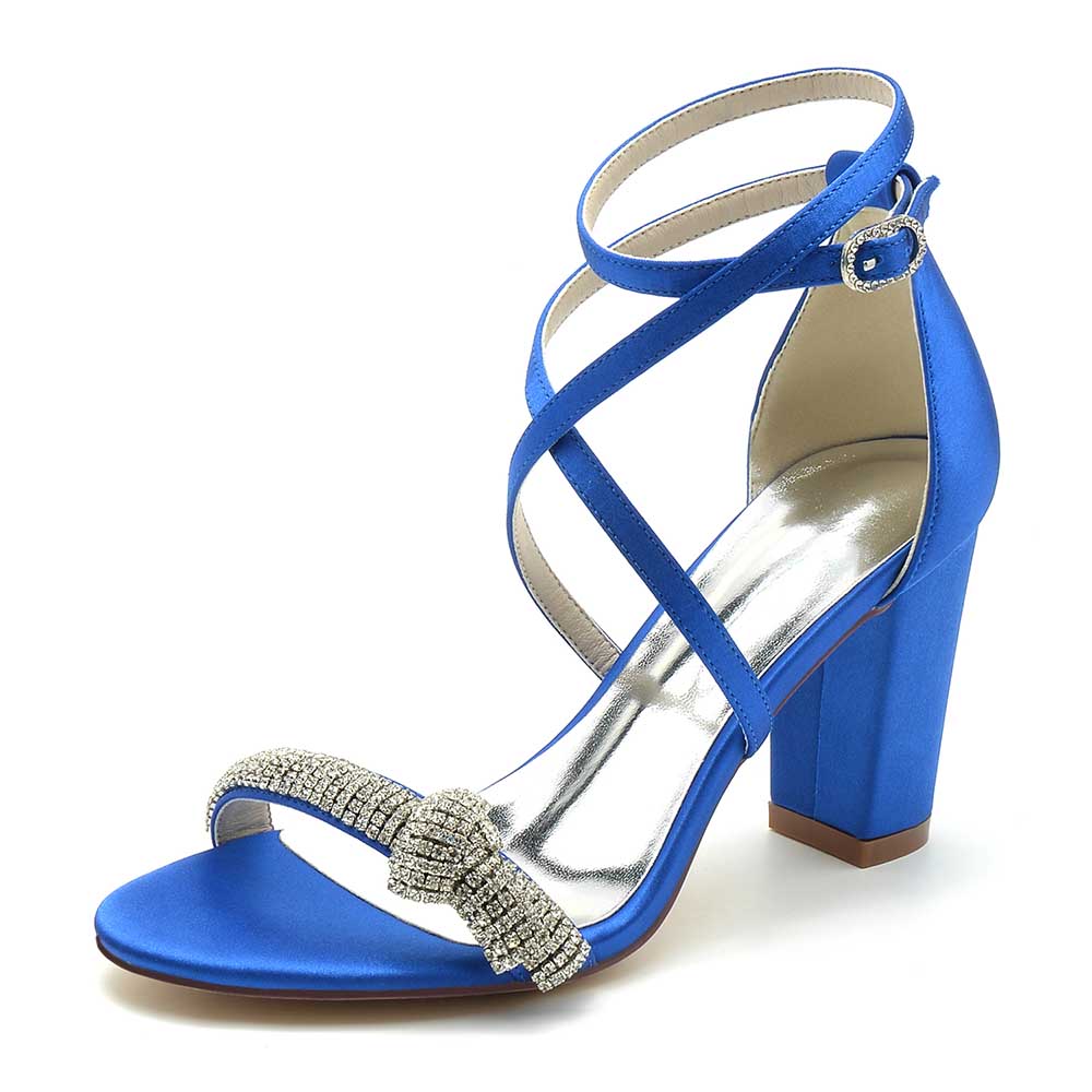 S&DCo. blue cross strap wedding shoes for brides with a stylish block heel and jeweled accent
