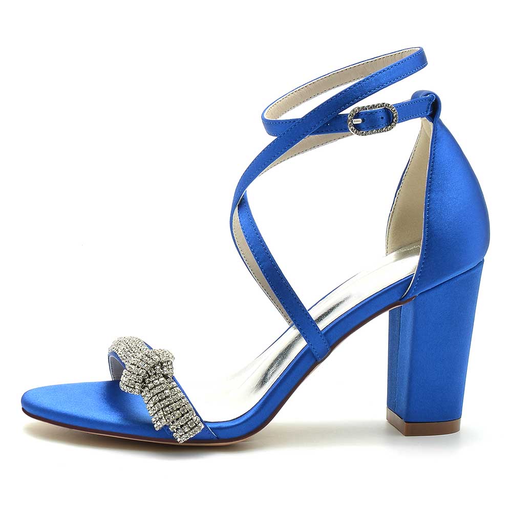 S&DCo. blue cross strap wedding shoes for brides with a sparkly bow detail