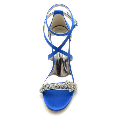 S&DCo. Blue Cross Strap Wedding Shoes for Brides with Sparkling Rhinestone Detail