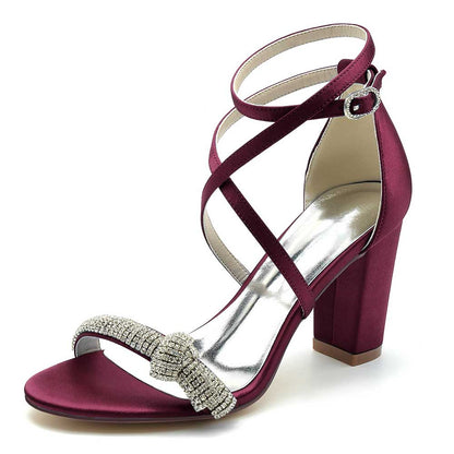 S&DCo. burgundy cross strap wedding shoes for brides with rhinestone bow detail and block heel