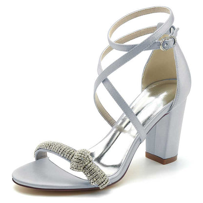 S&DCo. elegant cross strap wedding shoes for brides featuring a bejeweled front and block heels