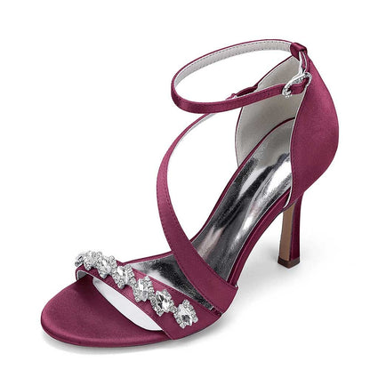 S&DCo. cross-strap wedding shoes for brides in burgundy with jeweled accents and a sleek heel