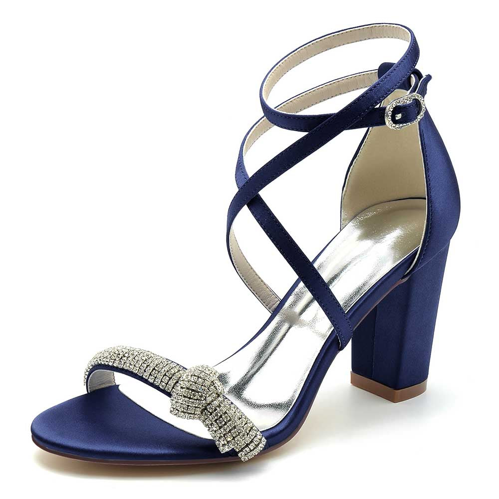 Elegant S&DCo. cross strap wedding shoes for brides with embellished bow detail in navy blue
