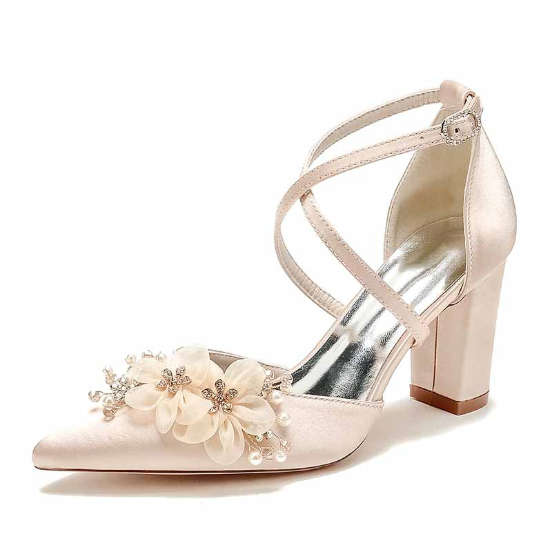 S&DCo. elegant cross strap wedding shoes for women with floral embellishments and a block heel