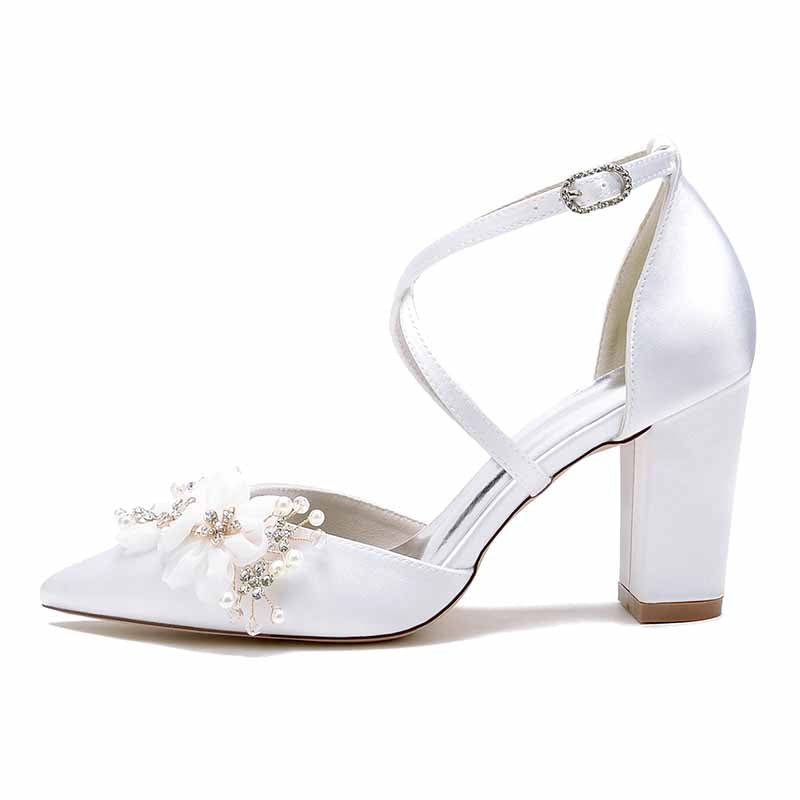 Elegant S&DCo. cross strap wedding shoes for women with floral embellishments and a stylish heel